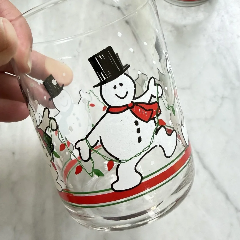 VTG Libbey Dancing Snowmen Christmas Glasses Set 5 Holiday Barware Rocks Glass
